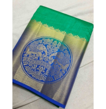 Kanchipuram Rawsilk Elephant Border Contrast Saree Bahubali - Rama x Royal Blue 