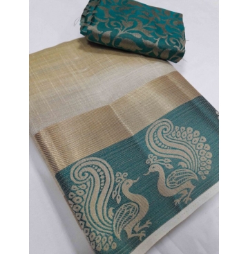 TUSSAR SILK SARTIN PEACOCK BORDER CHITPALLU SAREE(WITH EXTRA BLOUSE)