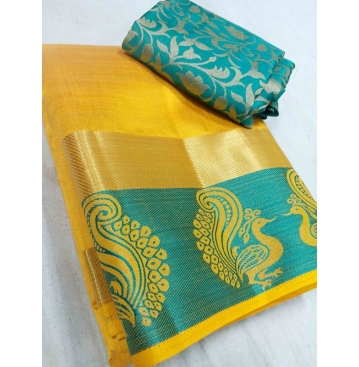 Tussar Silk Sartin Peacock Border Chitpallu Saree(With Extra Blouse)