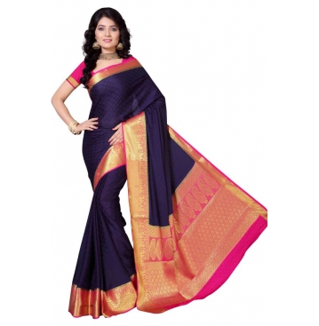 Mysore Crepe Emboss Contrast Richpallu Saree - Neavy Blue X Rani